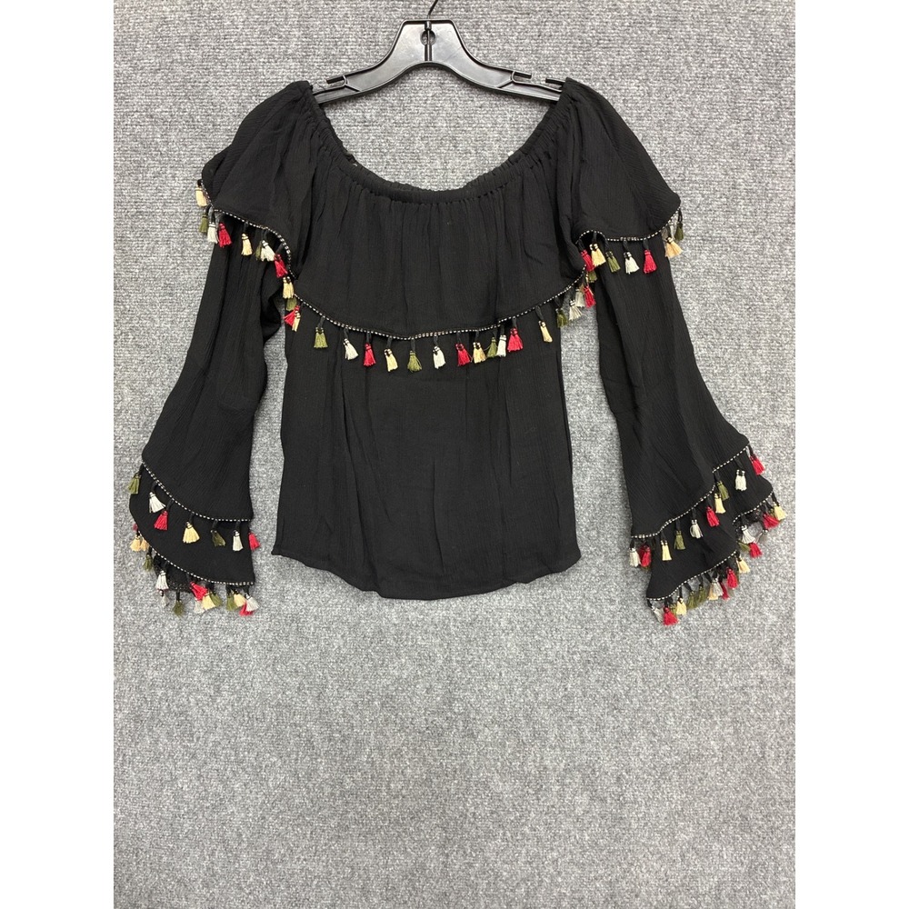 Alterd State Black Off Shoulder Tassel Boho Bell Sleeve Top T72885-02 Small